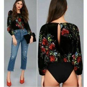 Free People Black Floral Velvet Bodysuit